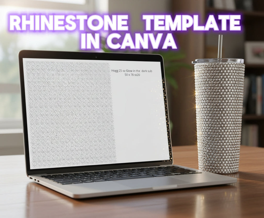 Rhinestone template in Canva displayed on laptop beside a sparkling rhinestone tumbler