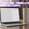 Rhinestone template in Canva displayed on laptop beside a sparkling rhinestone tumbler