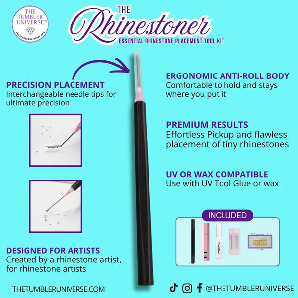The Rhinestoner tool kit for precise rhinestone placement, ergonomic grip, UV/wax compatible, designed for artists