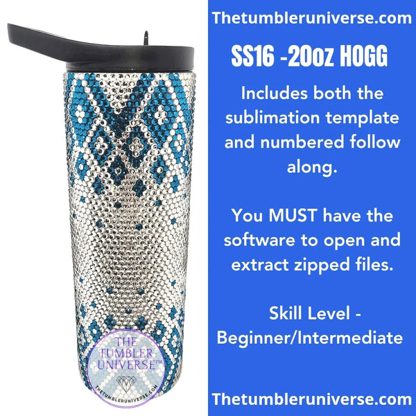 Rhinestone tumbler with blue and silver geometric design, SS16-20oz HOGG template for sublimation crafting.