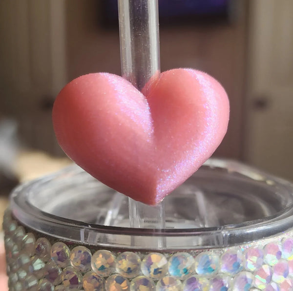 Pink glitter heart tumbler lid with rhinestone band, perfect for bling crafting and DIY tumbler designs.