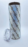 Rhinestone-embellished tumbler with blue and silver design, featuring a clear lid and brown top.