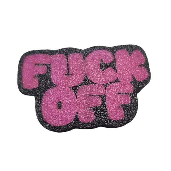 Pink glitter 'FUCK OFF' decal with black outline, ideal for custom tumblers and crafts