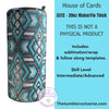Decorative tumbler with geometric pattern on a blue background with text about a product kit.