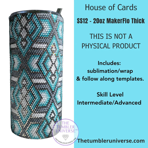 Decorative tumbler with geometric pattern on a blue background with text about a product kit.