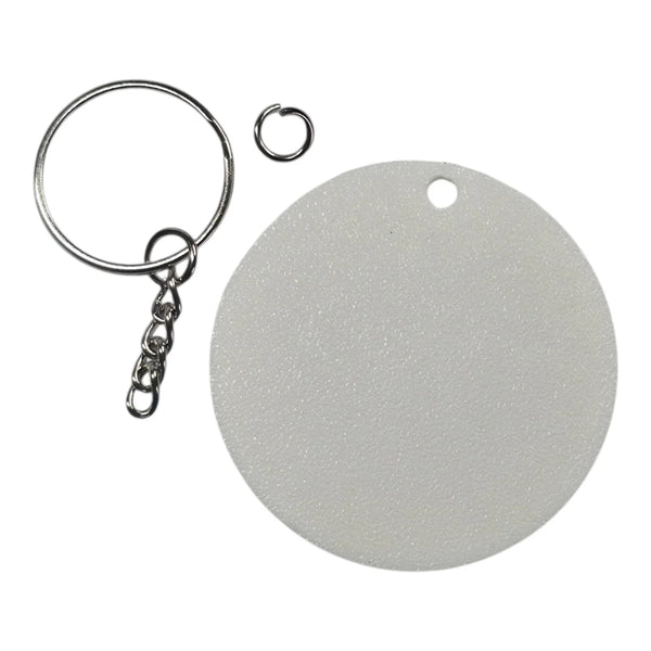 Round white glitter keychain blank with metal ring and chain for custom rhinestone designs