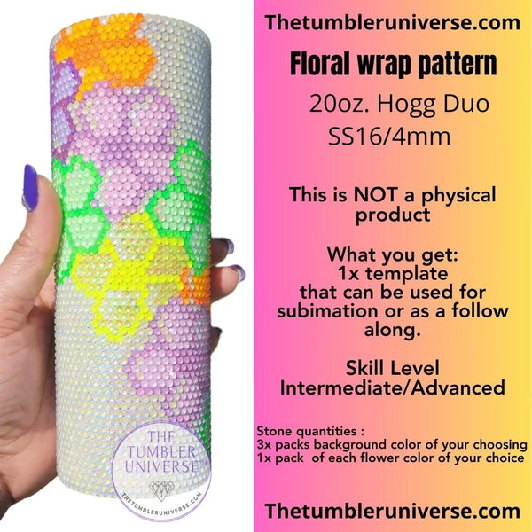 Floral rhinestone tumbler template for 20oz Hogg Duo, SS16/4mm stones, intermediate skill level
