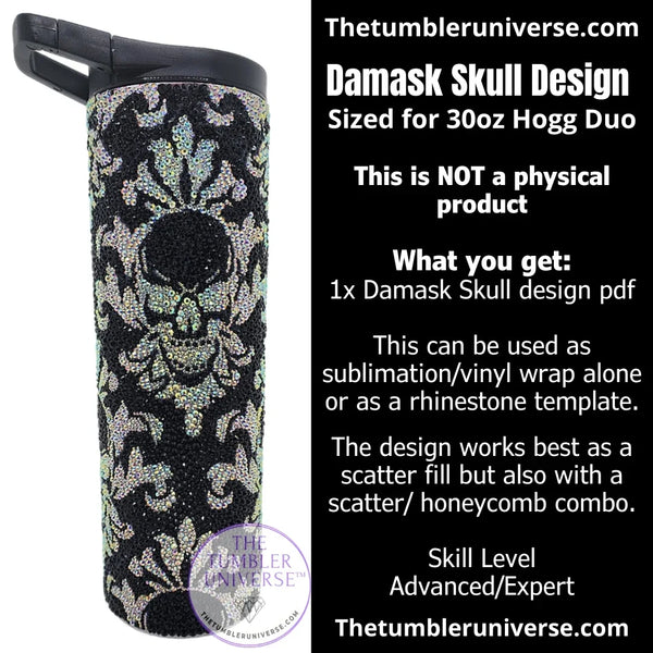 Damask Skull rhinestone tumbler design for 30oz Hogg Duo, ideal for sublimation or vinyl wrap.
