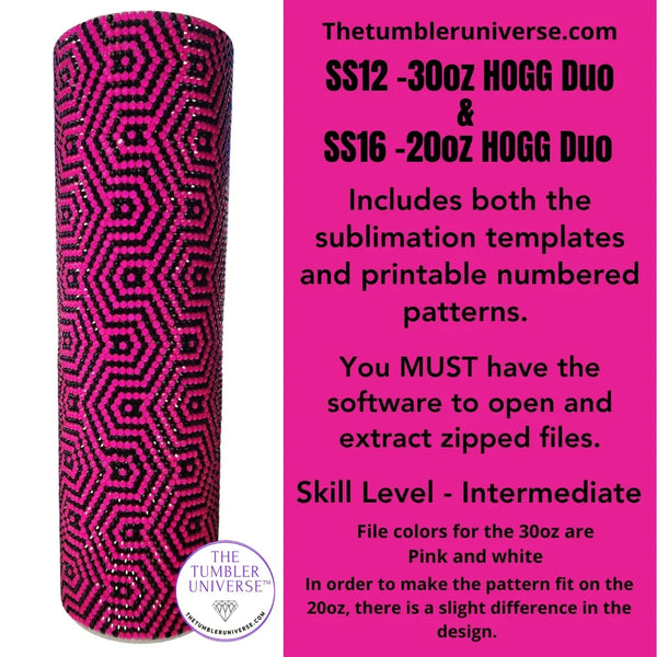 Pink and black rhinestone tumbler with geometric pattern, SS12 & SS16 HOGG Duo design