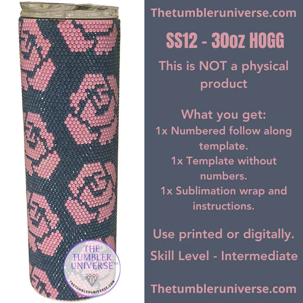SS12 30oz HOGG rhinestone tumbler template with pink rose design, intermediate skill level, digital download