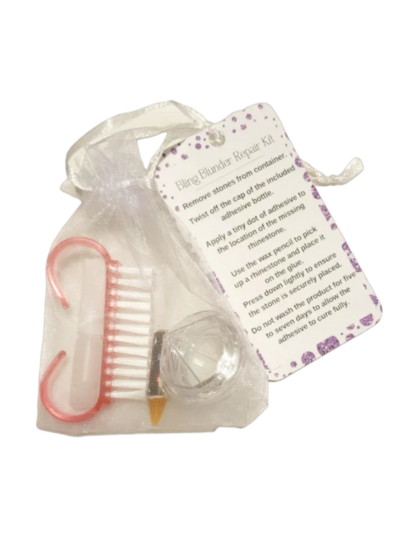 Bling Blunder Repair Kit with adhesive, wax pencil, and rhinestones for tumbler fixes