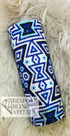 Blue and white rhinestone tumbler with geometric pattern, perfect for bling crafting projects.
