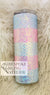 Rhinestone-embellished tumbler with pastel stripes on fluffy background, perfect for bling crafting.
