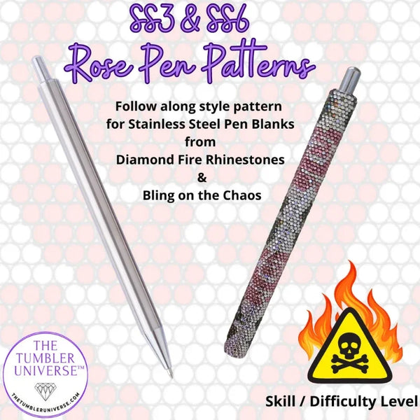 SS3 & SS6 rose pen pattern for stainless steel pens with rhinestones, skill level indicator shown