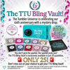 Promotional graphic for The Tumber Universe's TTU Bling Vault mystery drop, showing a turquoise metal vault, multiple glitter and rhinestone pouches, a black tray, and anniversary text on a sparkly white background.