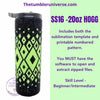Black and neon green rhinestone tumbler with geometric pattern, SS16 20oz HOGG design for beginner/intermediate crafters