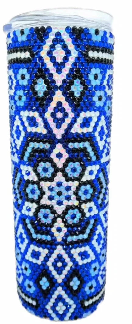Blue and black rhinestone tumbler with geometric pattern, perfect for bling crafting projects