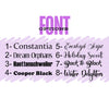 Font options for tumbler designs: Constantia, Dream Orphans, Haettenschweiler, Cooper Black, Everleigh Script, Holiday Sweet, Back to Black, Winter Delighters