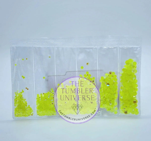 Neon yellow rhinestones in clear organizer pack for tumbler bling crafting