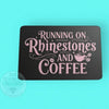Black rhinestone tumbler template with pink 'Running on Rhinestones and Coffee' design, perfect for crafting.