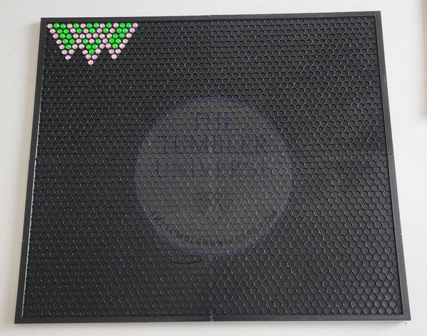 Black rhinestone tumbler template with green and pink stones arranged in a triangle design.