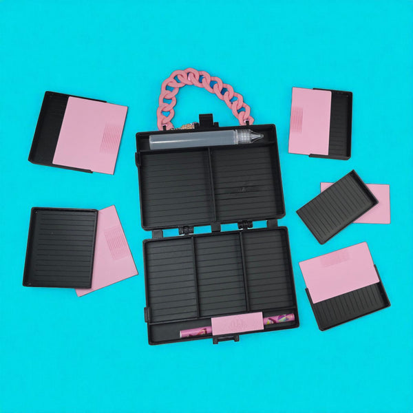 travel baddie with pink accessories on a blue background