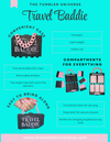 Advertisement for Travel Baddie product with features and benefits on a teal background