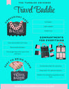 Advertisement for Travel Baddie product with features and benefits on a teal background