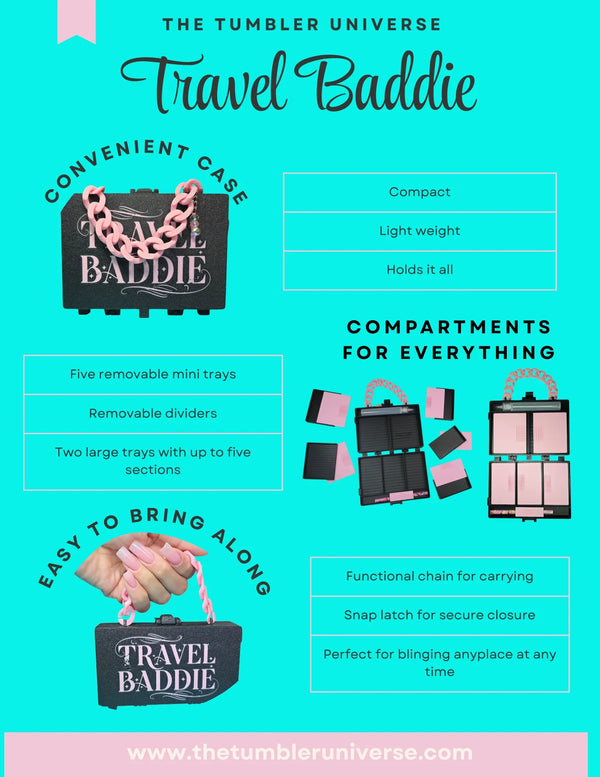 Advertisement for Travel Baddie product with features and benefits on a teal background