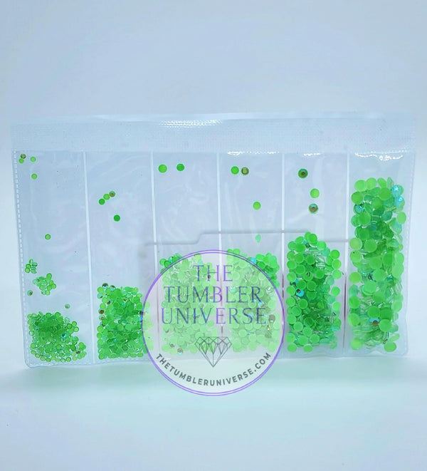 Green rhinestones in clear organizer, perfect for tumbler bling and crafting projects