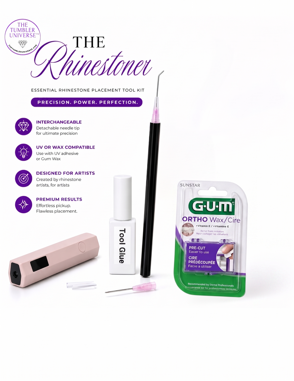 The Rhinestoner essential rhinestone placement tool kit with precision pen, tool glue, and GUM Ortho Wax for flawless crafting.