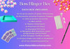 A colorful image showcasing various crafting materials included in the Boss Blinger Box, such as glass rhinestones, flatback flipper, wax pencil, repair/cleaning kit, and more.