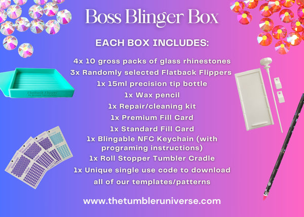 A colorful image showcasing various crafting materials included in the Boss Blinger Box, such as glass rhinestones, flatback flipper, wax pencil, repair/cleaning kit, and more.