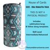 Decorative tumbler with geometric pattern on a blue background with text about a product kit.