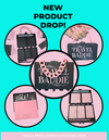 Promotional image for 'Travel Baddie' product line with multiple views on a teal and pink background.